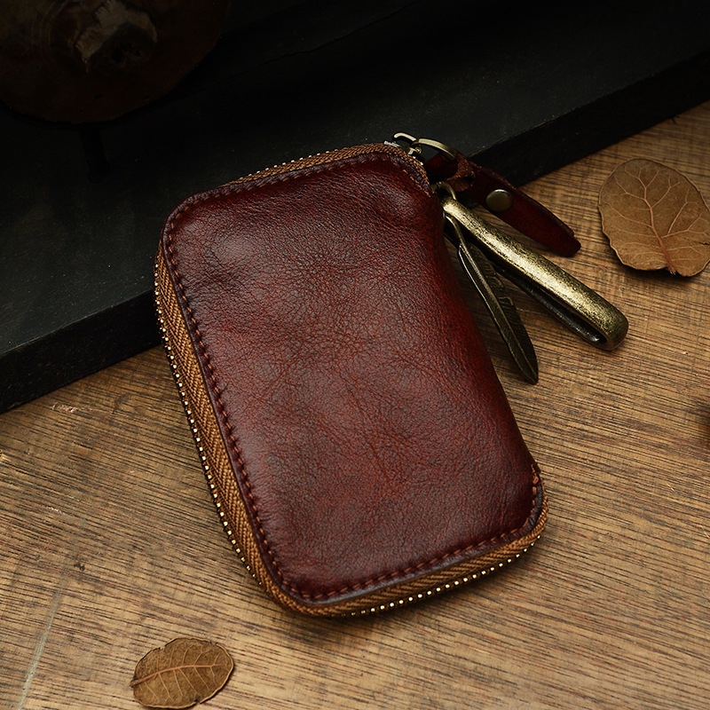 Handmade Cowhide Men&#039;s Leather Key Bag Cool Popular Brand Genuine Leather Coin Purse Card Holder Car Key Case Zipper Bag