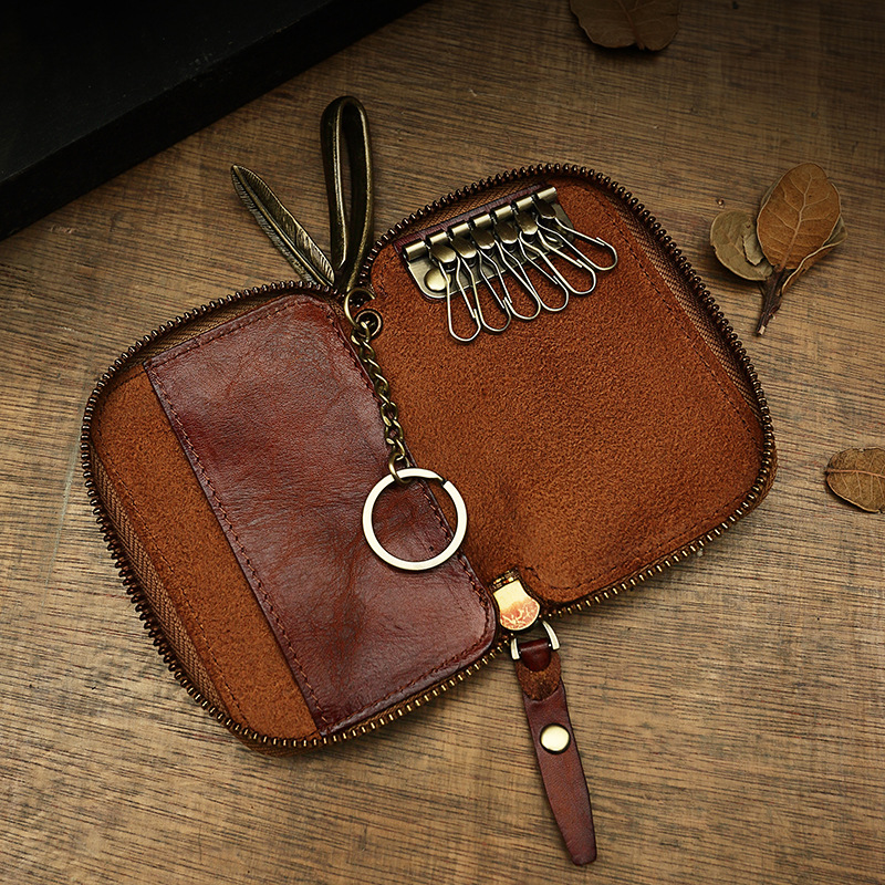 Handmade Cowhide Men&#039;s Leather Key Bag Cool Popular Brand Genuine Leather Coin Purse Card Holder Car Key Case Zipper Bag