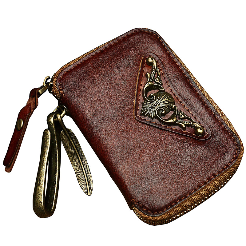 Handmade Cowhide Men&#039;s Leather Key Bag Cool Popular Brand Genuine Leather Coin Purse Card Holder Car Key Case Zipper Bag