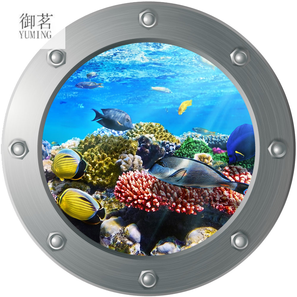 3D Window Shark Big White Shark Wall Stickers Circle and Creative Wallpaper Stickers Romantic Blue Underwater World Fish Group