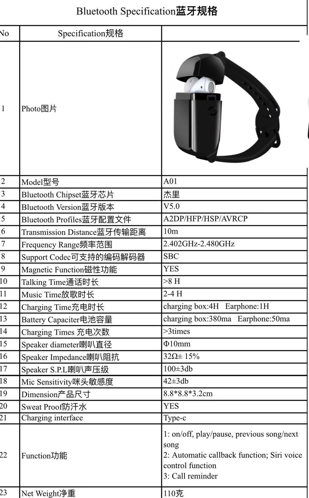 Cross - border hot style A01 TWS wrist wireless bluetooth headset portable fashionable sports running HIFI