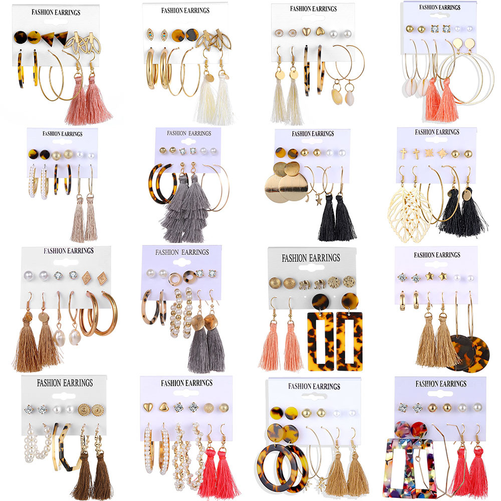 Set 6Piece Set Korean Jewelry Acrylic Artificial Pearl and Circle Tassel Earrings CrossBorder Hot Selling Earrings