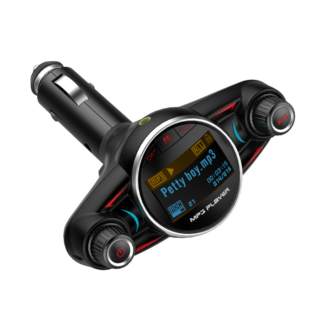 Bt08 New Big Eyes Double Head FM Car Bluetooth MP3 Double Knob Cool Light Large Screen Display Voltage