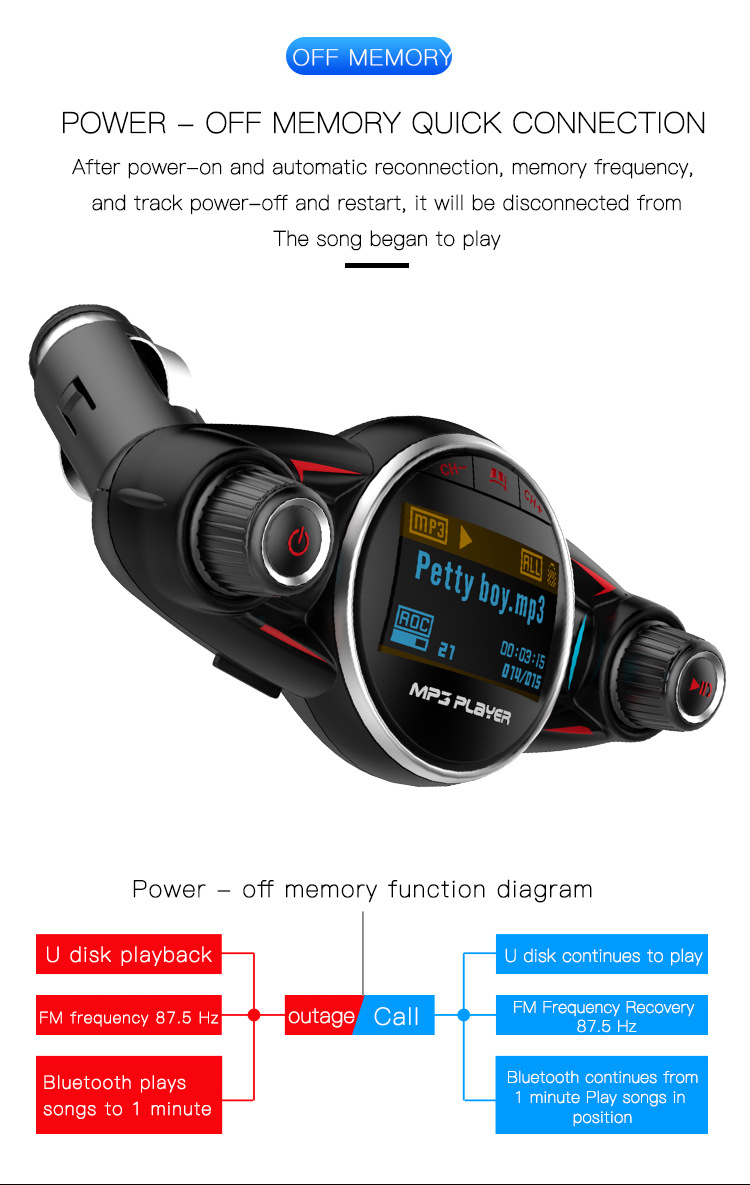 Bt08 New Big Eyes Double Head FM Car Bluetooth MP3 Double Knob Cool Light Large Screen Display Voltage