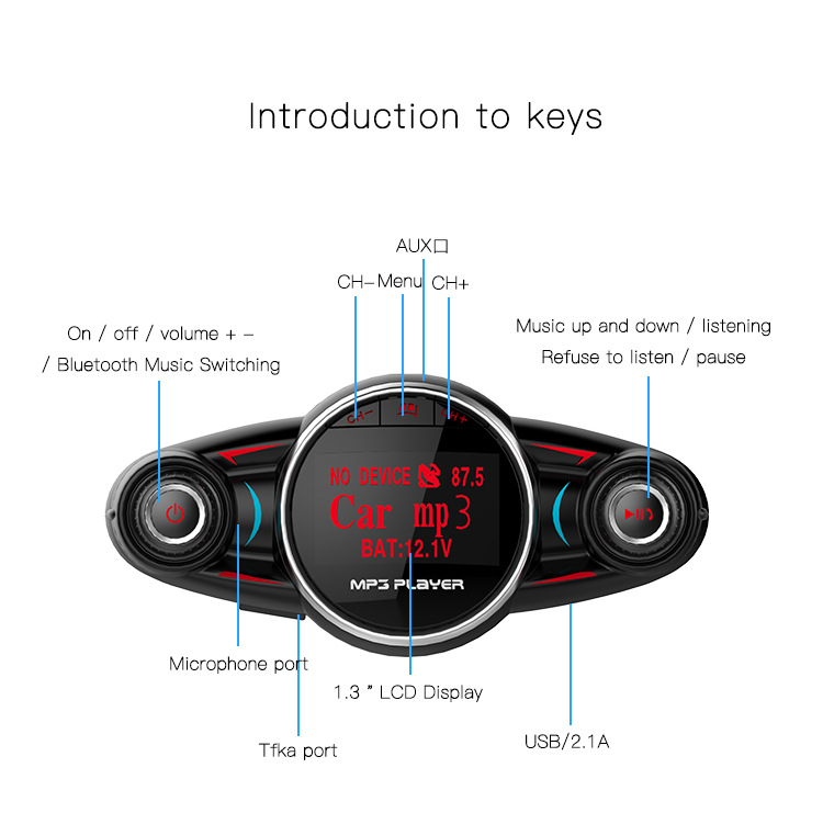 Bt08 New Big Eyes Double Head FM Car Bluetooth MP3 Double Knob Cool Light Large Screen Display Voltage