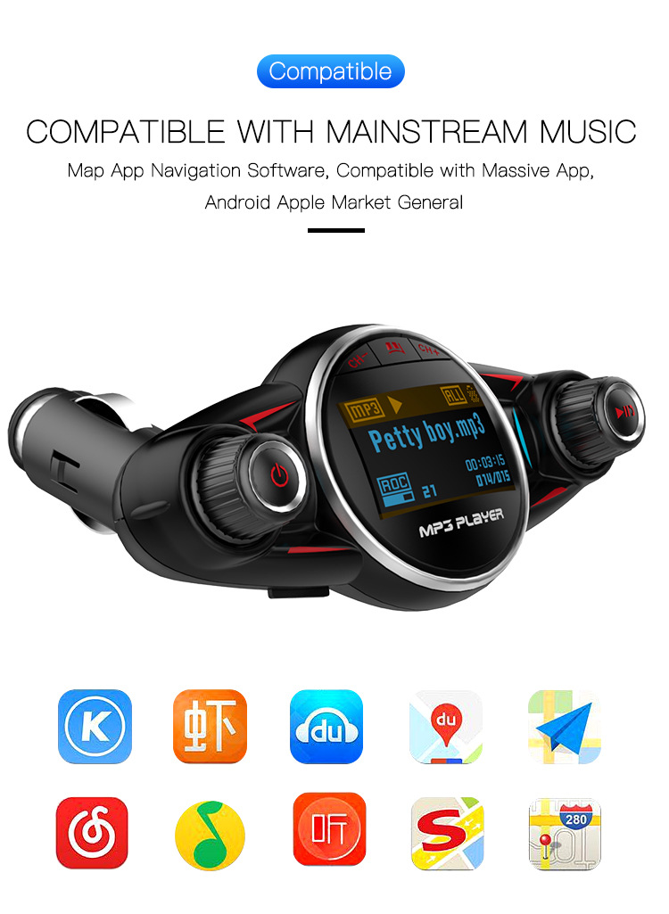 Bt08 New Big Eyes Double Head FM Car Bluetooth MP3 Double Knob Cool Light Large Screen Display Voltage
