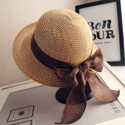 New Ribbon Curved Brim Straw Hat Spring and Summer Ladies Leisure Sun Shade Sun Protection All-Match Straw Hat Fashion Fisherman Hat Fashion