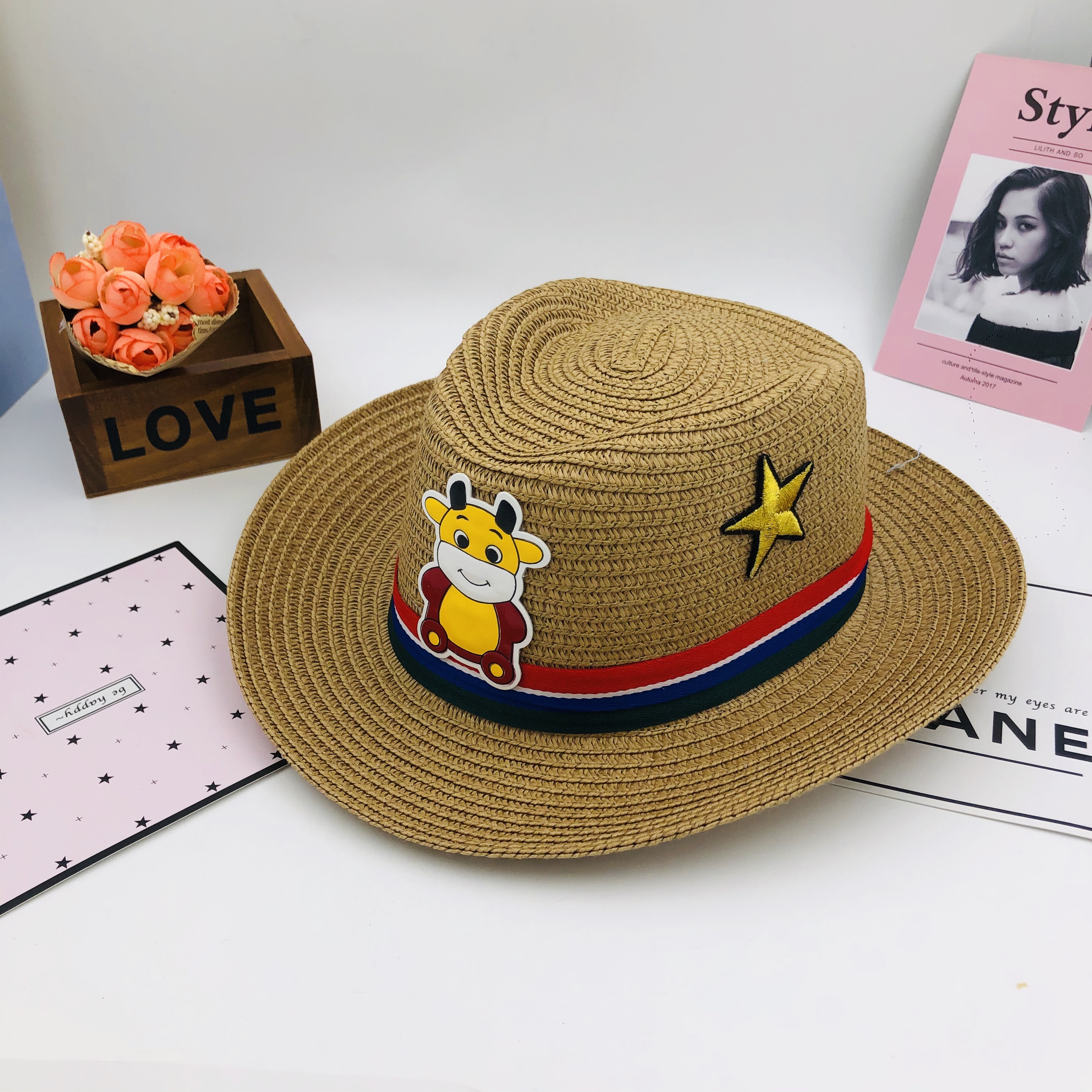 New Summer Children&#039;s Straw Hat Sun Protection Sun Shade Top Hat Children&#039;s Cartoon Cute Straw Woven Top Hat
