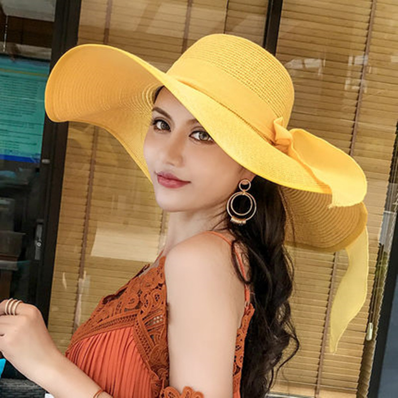 Korean Style Beach Straw Hat Women&#039;s Summer Seaside Big Brim Sun Protection Sun Shade Outing All-Matching Wide Brim Summer Hat Sun Summer