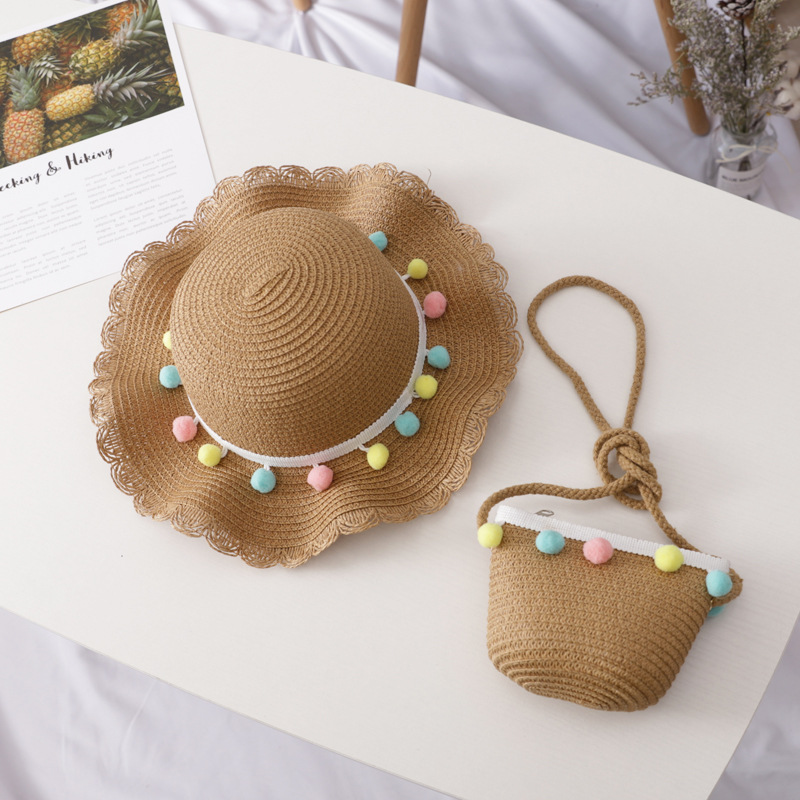 Small Colorful Ball Solid Color Children&#039;s Straw Hat Woven Summer Hat Fashion Summer Sun Shade Outing Beach Hat Bag Set