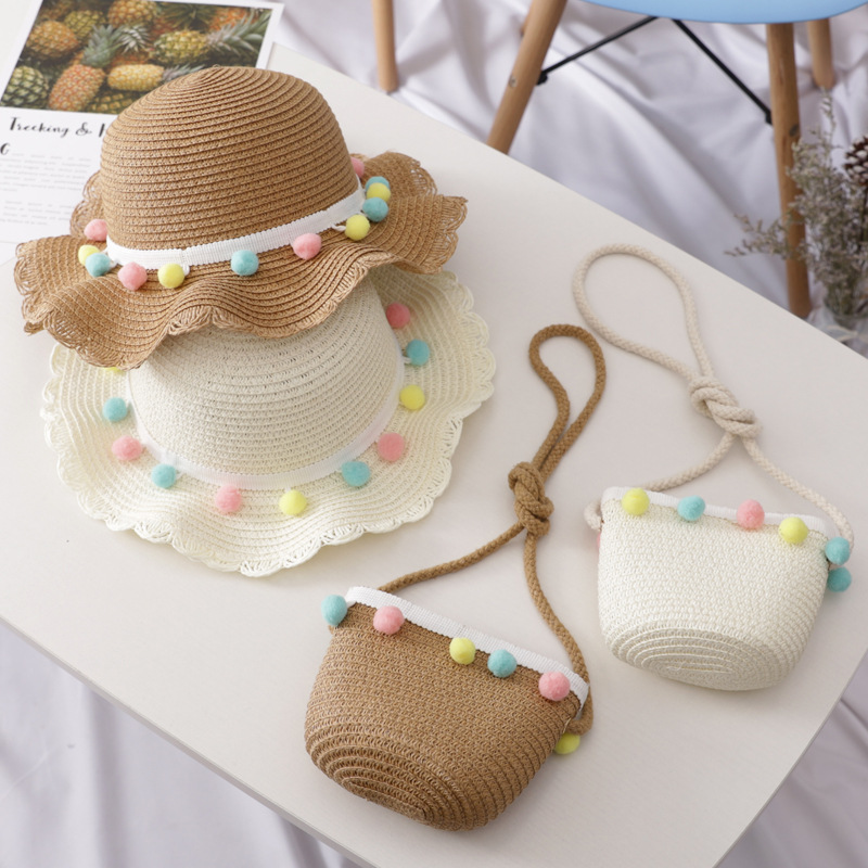 Small Colorful Ball Solid Color Children&#039;s Straw Hat Woven Summer Hat Fashion Summer Sun Shade Outing Beach Hat Bag Set