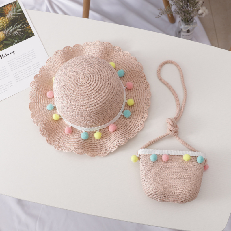 Small Colorful Ball Solid Color Children&#039;s Straw Hat Woven Summer Hat Fashion Summer Sun Shade Outing Beach Hat Bag Set