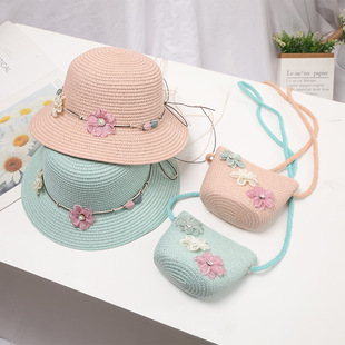 Small Colorful Ball Solid Color Children's Straw Hat Woven Summer Hat Fashion Summer Sun Shade Outing Beach Hat Bag Set