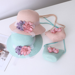 Small Colorful Ball Solid Color Children's Straw Hat Woven Summer Hat Fashion Summer Sun Shade Outing Beach Hat Bag Set