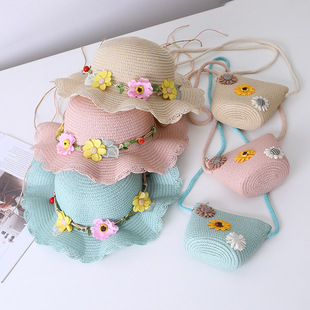 Small Colorful Ball Solid Color Children's Straw Hat Woven Summer Hat Fashion Summer Sun Shade Outing Beach Hat Bag Set