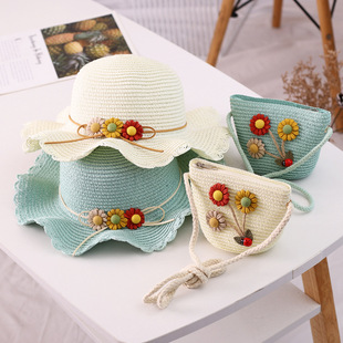 Small Colorful Ball Solid Color Children's Straw Hat Woven Summer Hat Fashion Summer Sun Shade Outing Beach Hat Bag Set