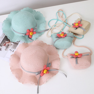 Small Colorful Ball Solid Color Children's Straw Hat Woven Summer Hat Fashion Summer Sun Shade Outing Beach Hat Bag Set