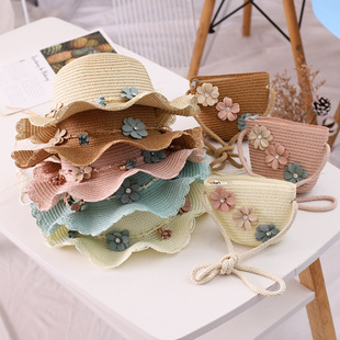 Small Colorful Ball Solid Color Children's Straw Hat Woven Summer Hat Fashion Summer Sun Shade Outing Beach Hat Bag Set