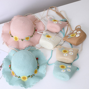 Small Colorful Ball Solid Color Children's Straw Hat Woven Summer Hat Fashion Summer Sun Shade Outing Beach Hat Bag Set