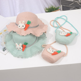 Small Colorful Ball Solid Color Children's Straw Hat Woven Summer Hat Fashion Summer Sun Shade Outing Beach Hat Bag Set