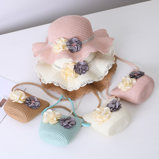 Small Colorful Ball Solid Color Children's Straw Hat Woven Summer Hat Fashion Summer Sun Shade Outing Beach Hat Bag Set