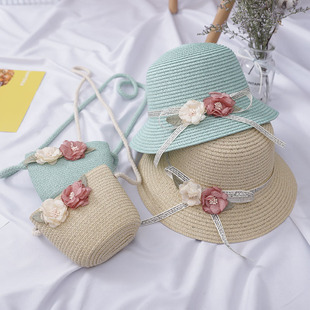 Small Colorful Ball Solid Color Children's Straw Hat Woven Summer Hat Fashion Summer Sun Shade Outing Beach Hat Bag Set