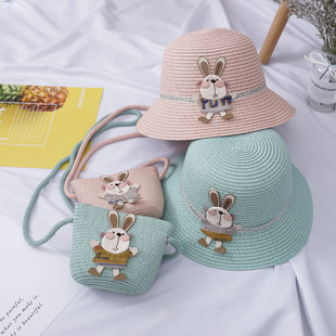 Small Colorful Ball Solid Color Children's Straw Hat Woven Summer Hat Fashion Summer Sun Shade Outing Beach Hat Bag Set