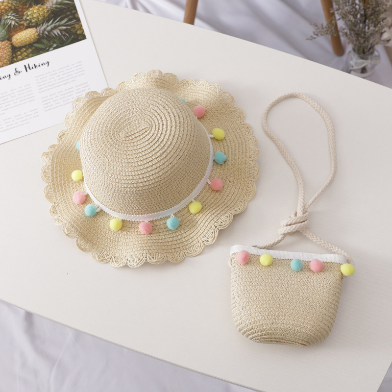 Small Colorful Ball Solid Color Children's Straw Hat Woven Summer Hat Fashion Summer Sun Shade Outing Beach Hat Bag Set