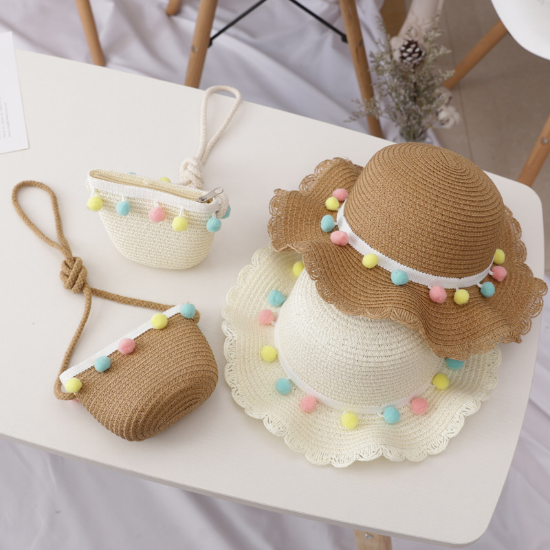 Small Colorful Ball Solid Color Children's Straw Hat Woven Summer Hat Fashion Summer Sun Shade Outing Beach Hat Bag Set