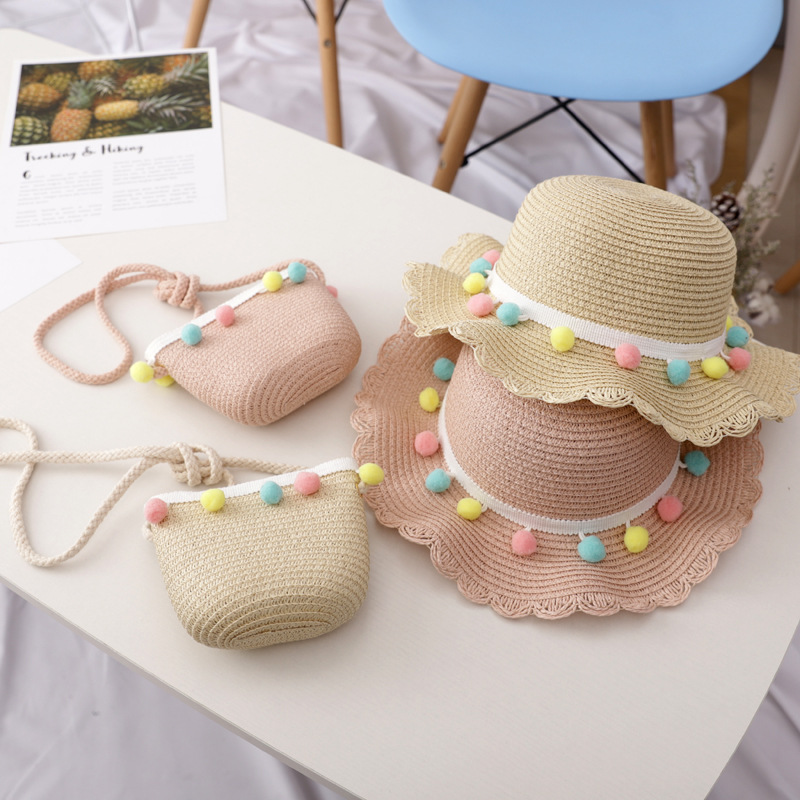 Small Colorful Ball Solid Color Children's Straw Hat Woven Summer Hat Fashion Summer Sun Shade Outing Beach Hat Bag Set