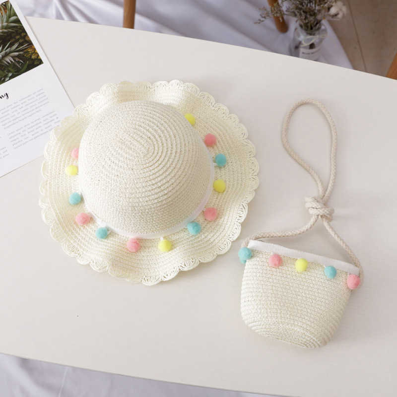 Small Colorful Ball Solid Color Children's Straw Hat Woven Summer Hat Fashion Summer Sun Shade Outing Beach Hat Bag Set