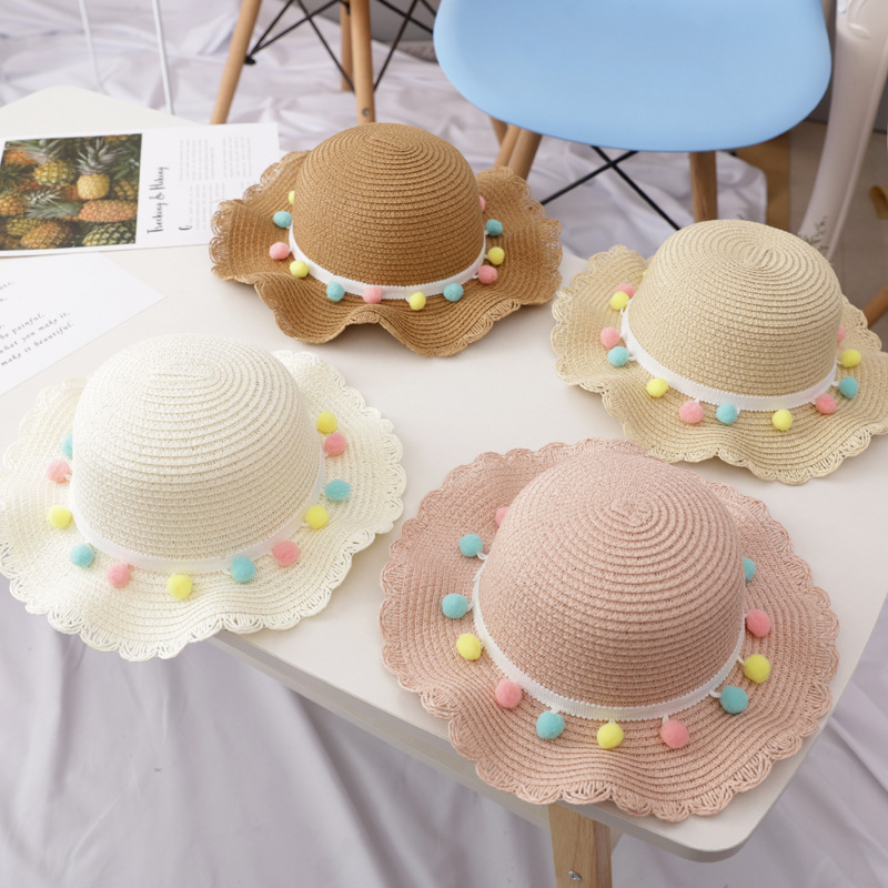 Small Colorful Ball Solid Color Children's Straw Hat Woven Summer Hat Fashion Summer Sun Shade Outing Beach Hat Bag Set