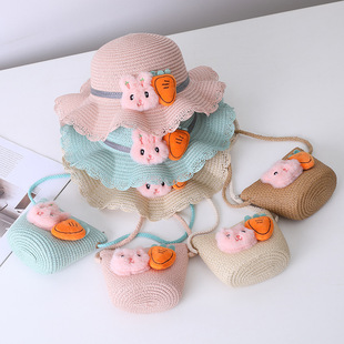 Small Colorful Ball Solid Color Children's Straw Hat Woven Summer Hat Fashion Summer Sun Shade Outing Beach Hat Bag Set