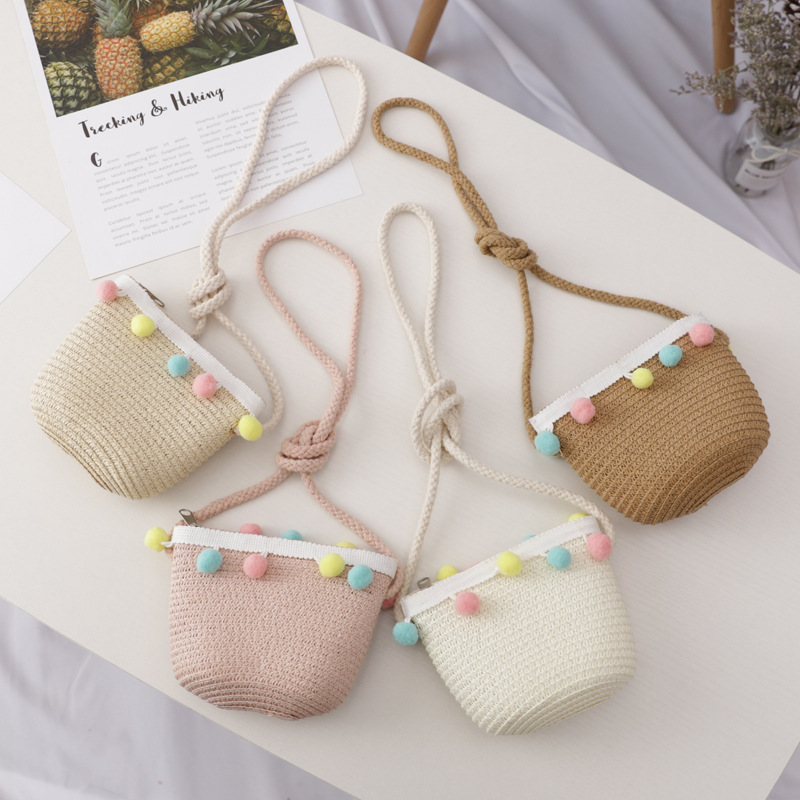 Small Colorful Ball Solid Color Children's Straw Hat Woven Summer Hat Fashion Summer Sun Shade Outing Beach Hat Bag Set