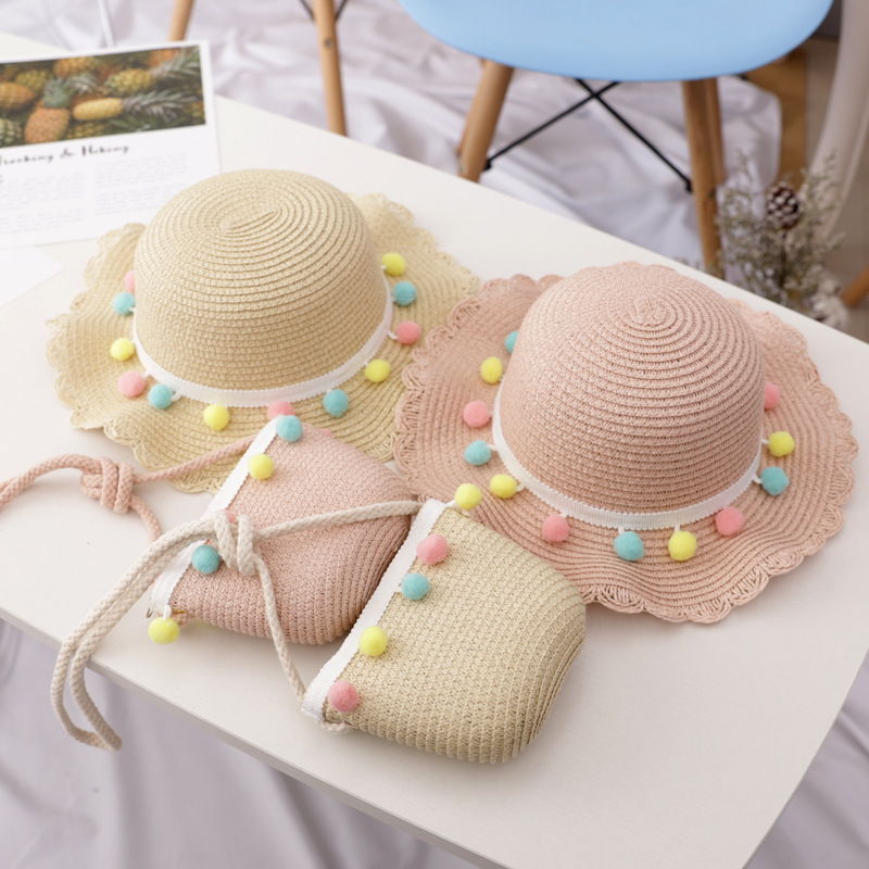 Small Colorful Ball Solid Color Children's Straw Hat Woven Summer Hat Fashion Summer Sun Shade Outing Beach Hat Bag Set