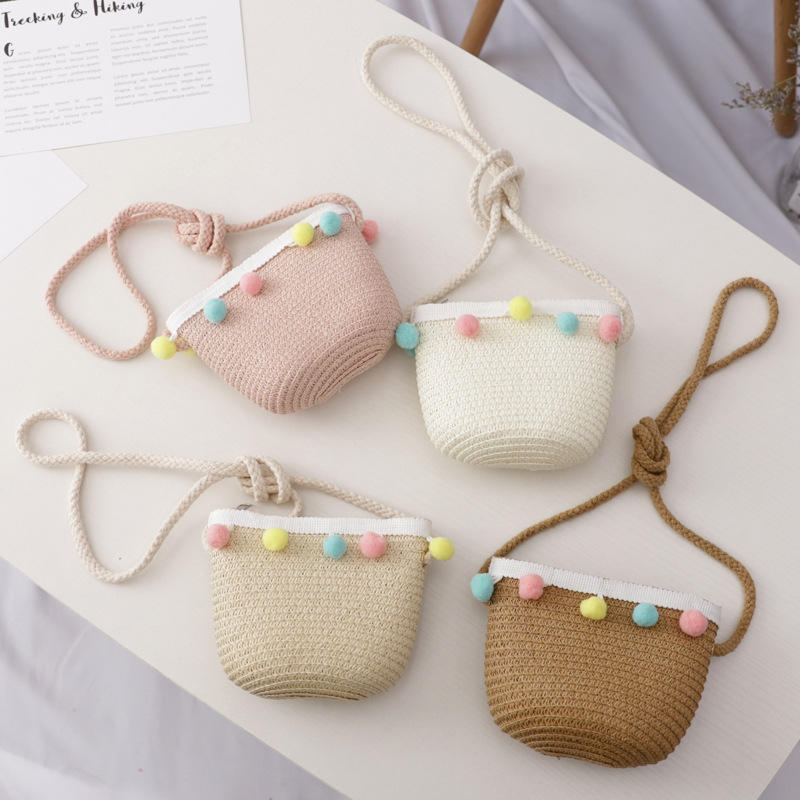 Small Colorful Ball Solid Color Children's Straw Hat Woven Summer Hat Fashion Summer Sun Shade Outing Beach Hat Bag Set