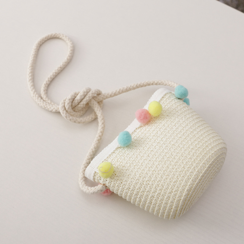 Small Colorful Ball Solid Color Children's Straw Hat Woven Summer Hat Fashion Summer Sun Shade Outing Beach Hat Bag Set
