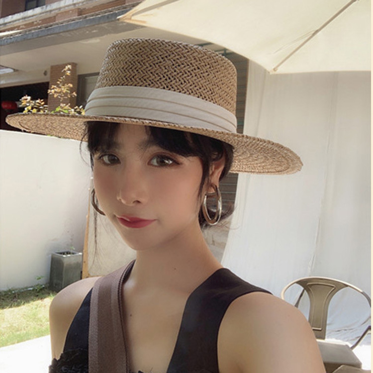Korean Style Flat Straw Hat Elegant Casual Hat Women's Summer Seaside Big Brim Sun Protection Sun Shade Vacation All-Matching