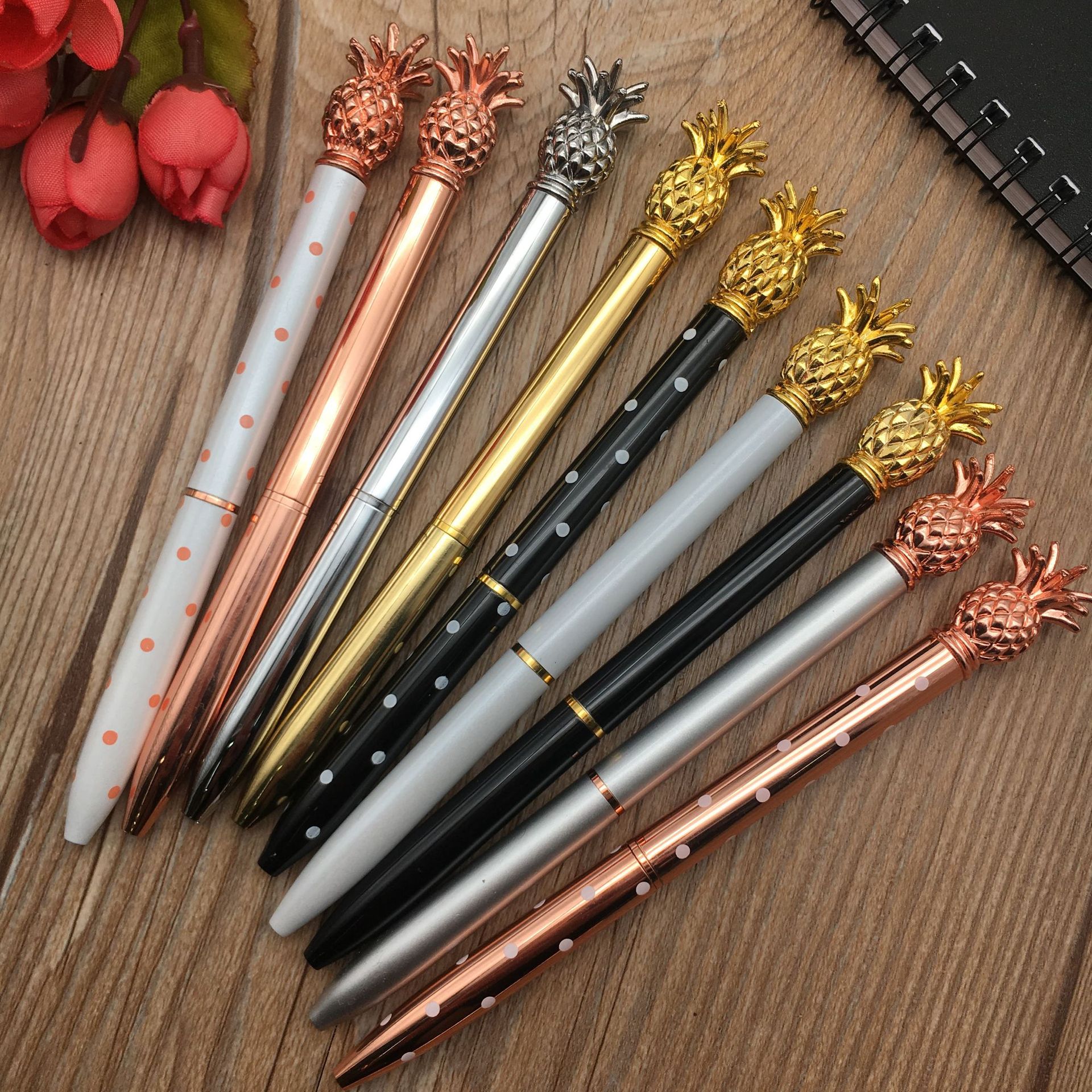 Cross-Border Supply Factory Wholesale Pineapple Pen Metal Ball Point Pen Rotary Gift Advertising Marker Spot Customizable Logo