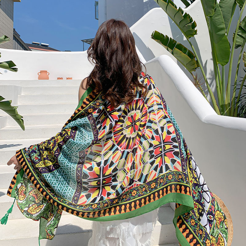 Summer Cotton and Linen Ethnic Style Beach Towel Women&#039;s New Sun Shade Vacation Sun Protection Air-Conditioner Shawl Travel Printed Scarf