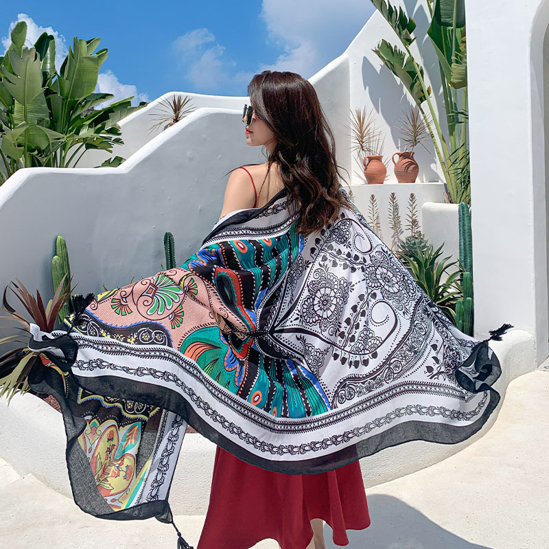 Summer Cotton and Linen Ethnic Style Beach Towel Women&#039;s New Sun Shade Vacation Sun Protection Air-Conditioner Shawl Travel Printed Scarf