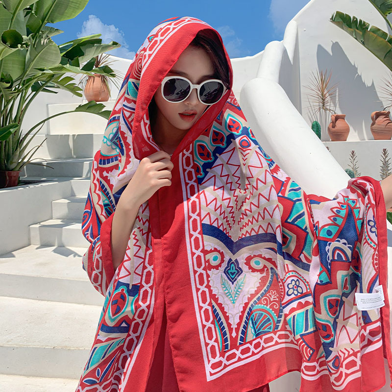 Summer Cotton and Linen Ethnic Style Beach Towel Women's New Sun Shade Vacation Sun Protection Air-Conditioner Shawl Travel Printed Scarf