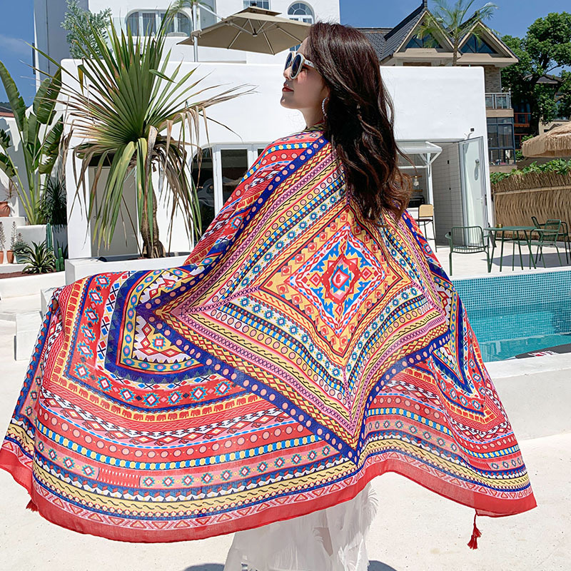 Summer Cotton and Linen Ethnic Style Beach Towel Women's New Sun Shade Vacation Sun Protection Air-Conditioner Shawl Travel Printed Scarf