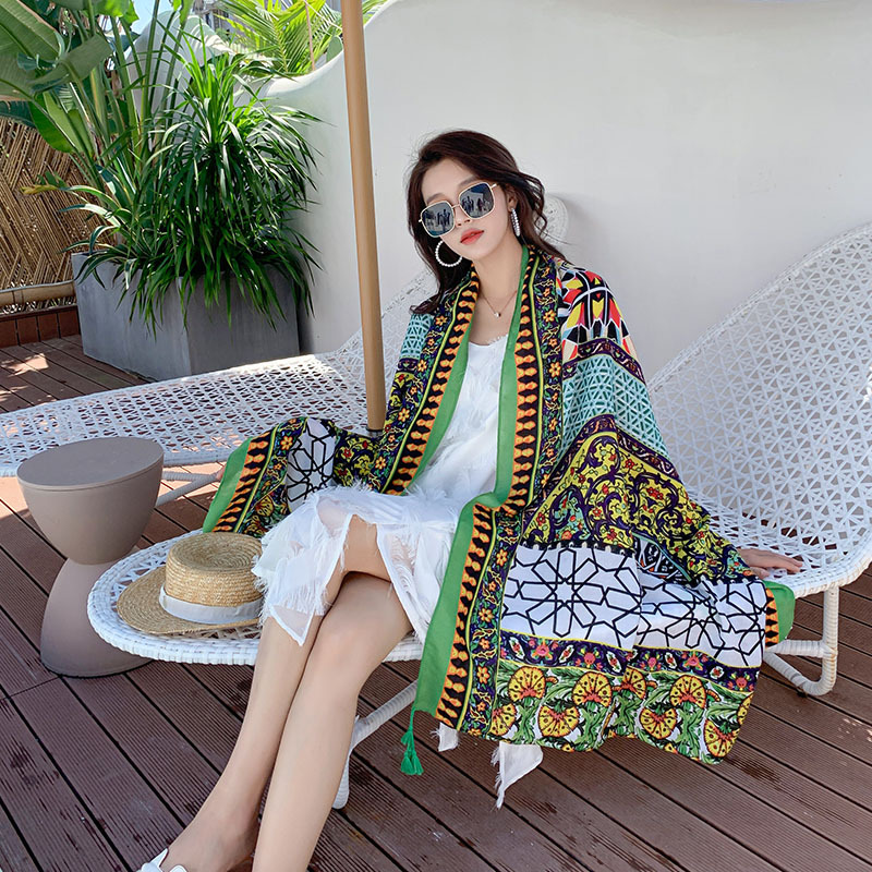 Summer Cotton and Linen Ethnic Style Beach Towel Women's New Sun Shade Vacation Sun Protection Air-Conditioner Shawl Travel Printed Scarf