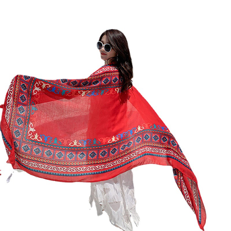 Summer Cotton and Linen Ethnic Style Beach Towel Women&#039;s New Sun Shade Vacation Sun Protection Air-Conditioner Shawl Travel Printed Scarf