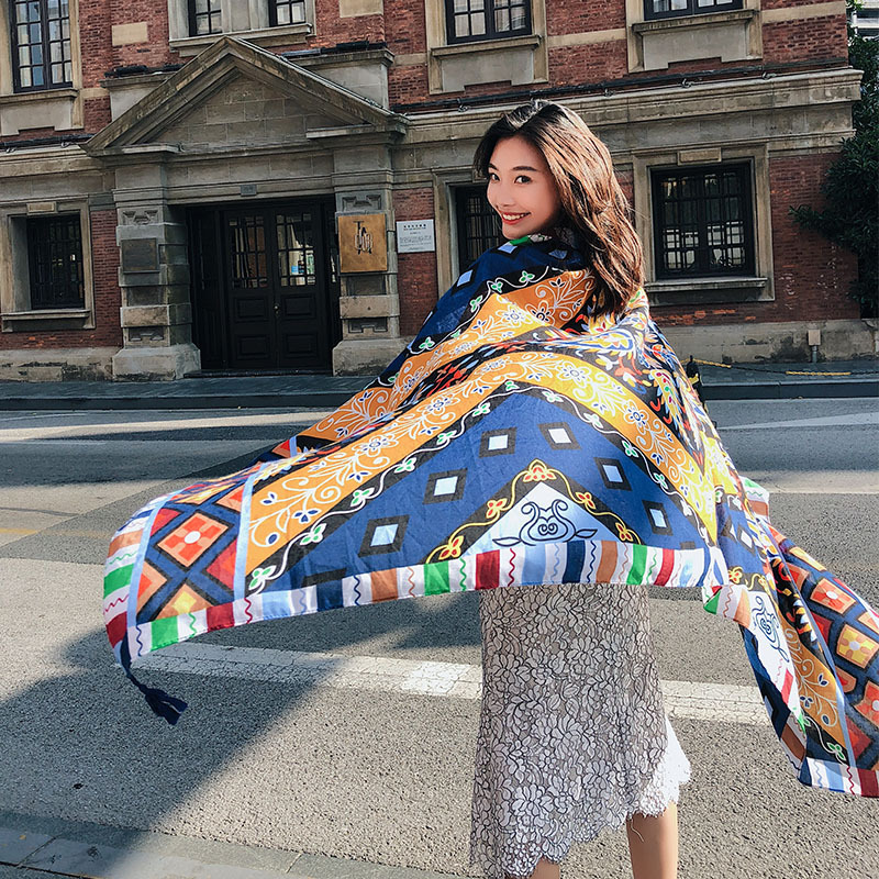 Summer Cotton and Linen Ethnic Style Beach Towel Women's New Sun Shade Vacation Sun Protection Air-Conditioner Shawl Travel Printed Scarf