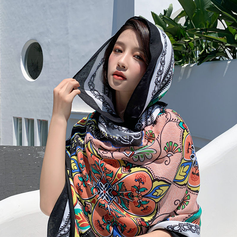 Summer Cotton and Linen Ethnic Style Beach Towel Women's New Sun Shade Vacation Sun Protection Air-Conditioner Shawl Travel Printed Scarf