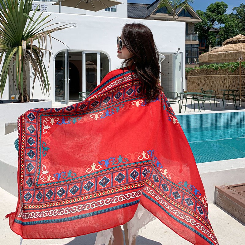 Summer Cotton and Linen Ethnic Style Beach Towel Women's New Sun Shade Vacation Sun Protection Air-Conditioner Shawl Travel Printed Scarf