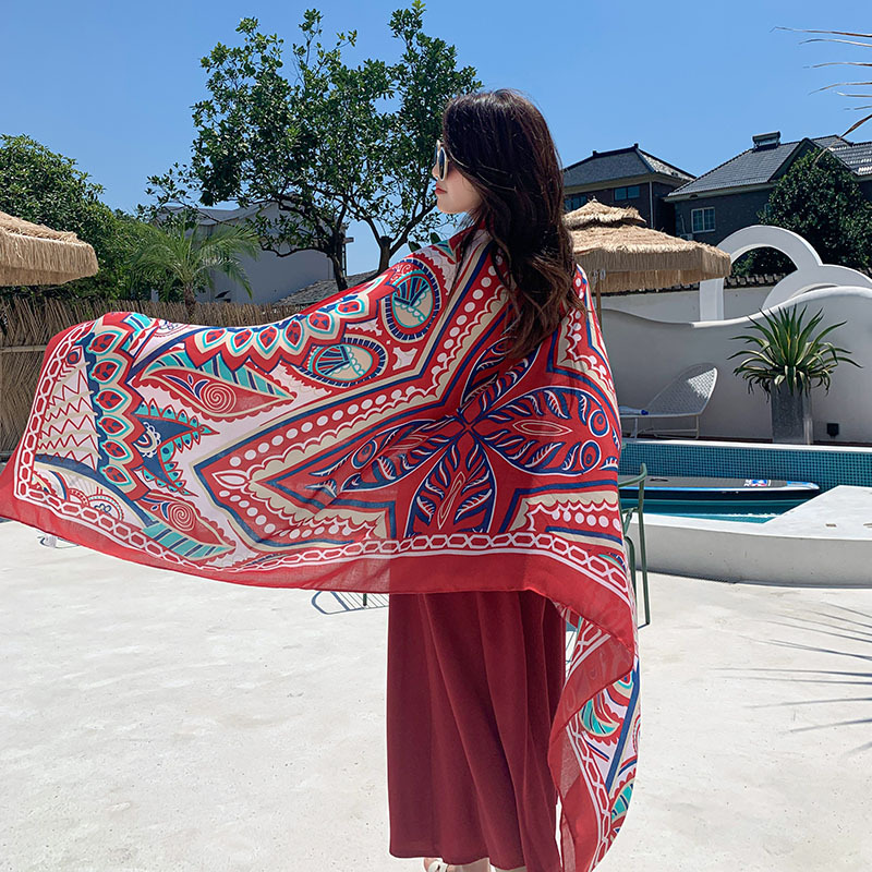 Summer Cotton and Linen Ethnic Style Beach Towel Women's New Sun Shade Vacation Sun Protection Air-Conditioner Shawl Travel Printed Scarf