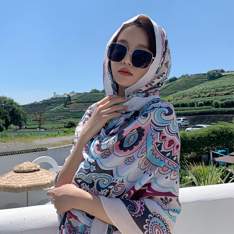 Summer Cotton and Linen Ethnic Style Beach Towel Women's New Sun Shade Vacation Sun Protection Air-Conditioner Shawl Travel Printed Scarf